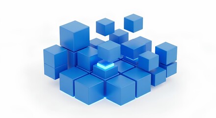 Abstract 3D Render of Geometric Blue Cubes Forming a Data Structure or Network on a White Background