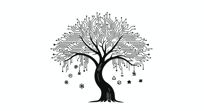 Abstract tree of knowledge branches out with futuristic digital circuits and geometric shapes