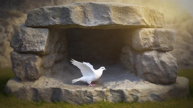 White dove and empty tomb of esus Christ  symbolizing the crucifixion and resurrection of Jesus Christ for Easter.