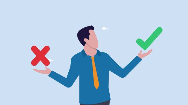 Man holds a check mark and a cross in his hands animation video. making right or wrong business decisions, logical thinking for certainty with a decision, pros and cons. 4k