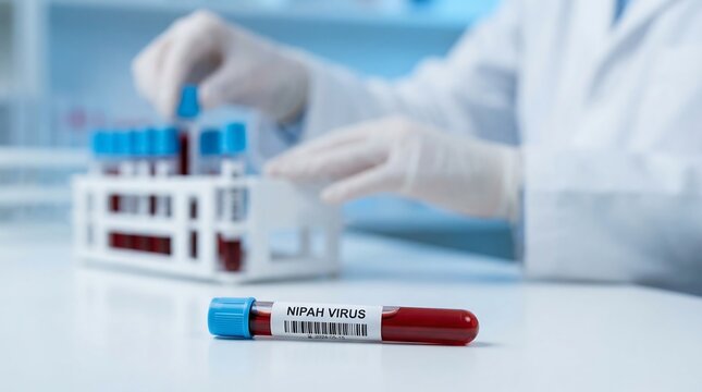 vacutainer contain Nipah virus blood sample in lab. Scientist analyzing blood test tube