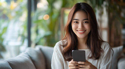 A woman is sitting in a room with a phone in her hand