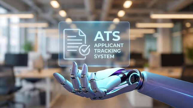 Robot hand holding ATS interface, Artificial intelligence in recruitment, Digital applicant tracking system concept