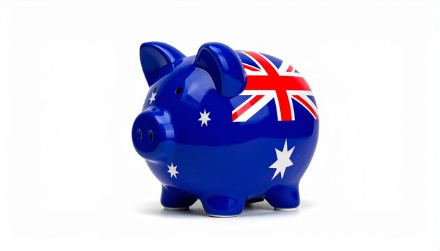 Blue piggy bank decorated with Australian flag, Union Jack in corner, Commonwealth Star and Southern Cross constellation, symbolizing savings and national finance.