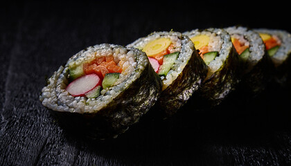 Row of appetizing gimbap rolls on black surface. Perfect for food blogs, korean cuisine articles, restaurant menus, posters, and social media posts.