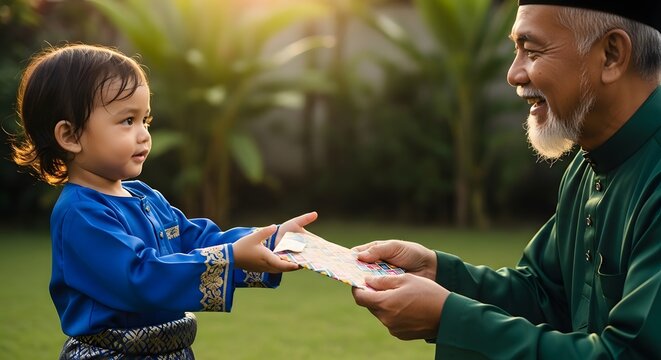 Joyful Grandfather Gives Duit Raya to Happy Child