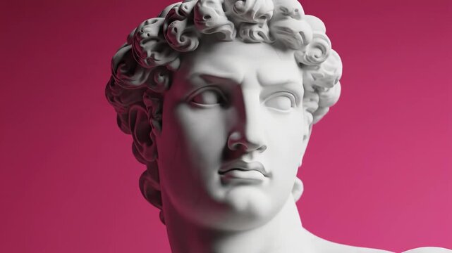 Disintegrating classical statue head, digital glitch art on vibrant pink