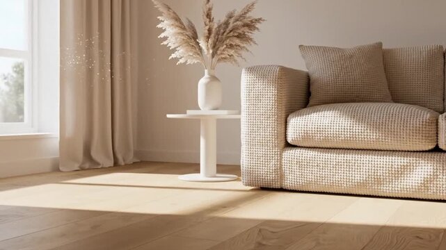 A beige sofa and a small white table with a vase of pampas grass in a bright, modern living room