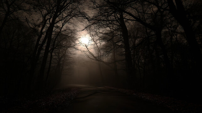 cryptographer. A misty forest path at night with moonlight filtering through silhouetted trees and atmospheric fog. travel magazines, destination branding, designed for travel destination branding.
