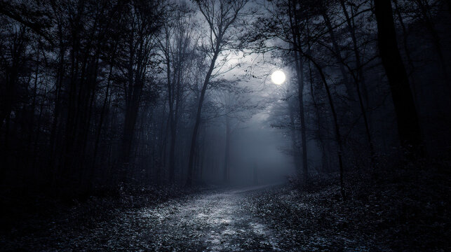 cryptographer. A misty forest path at night with moonlight filtering through silhouetted trees and atmospheric fog. travel magazines, destination branding, designed for travel destination branding.

