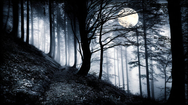 cryptographer. A misty forest path at night with moonlight filtering through silhouetted trees and atmospheric fog. travel magazines, destination branding, designed for travel destination branding.
