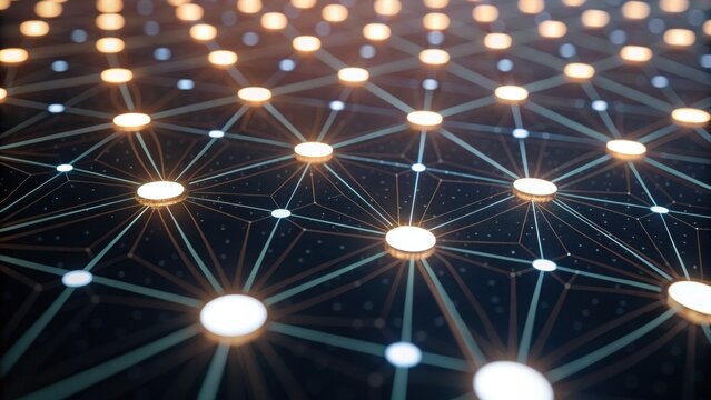 A futuristic network visualization with glowing nodes interconnected by lines on a dark surface, symbolizing data, communication, and connectivity.