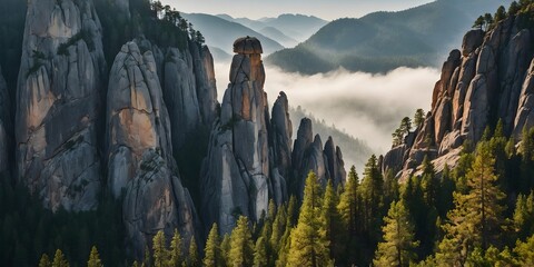 Rock spires in sunrise mist