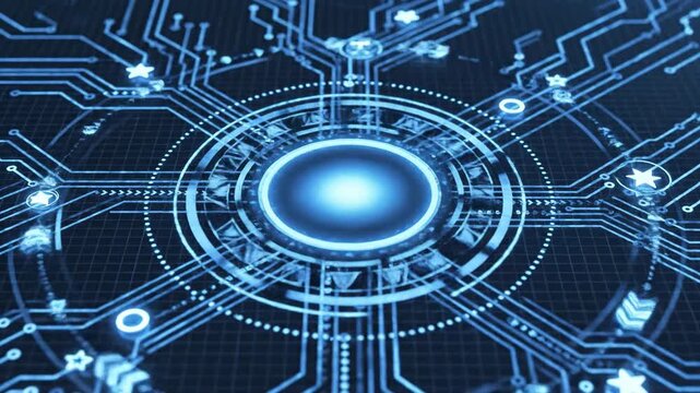 Abstract circuit board with glowing center dot in blue tones