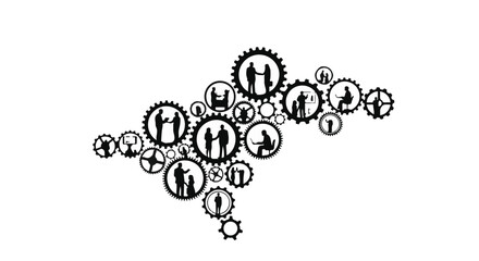 Silhouetted figures collaborating within interlocking gears symbolizing teamwork and interconnected business processes.