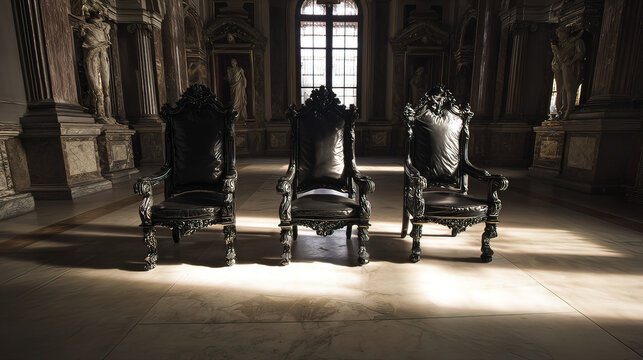 omniscient. Three high-backed chairs in empty marble hall with sunlight from windows. real-estate listings, architecture portfolios, designed for real-estate listing and luxury residence showcases.
