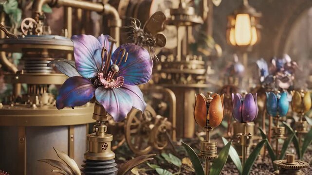 A detailed steampunk garden scene featuring mechanical flowers with colorful petals and intricate gears. Warm lantern light illuminates the ornate machinery and lush foliage.