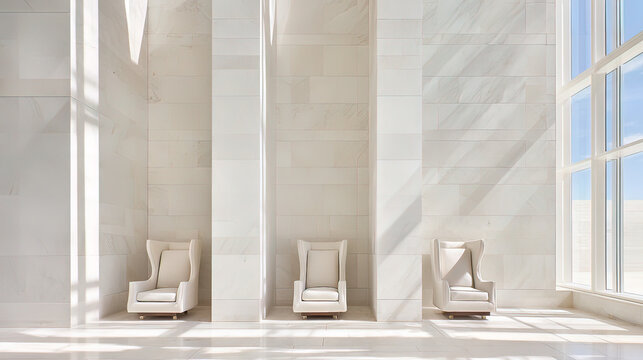 omniscient. Three high-backed chairs in empty marble hall with sunlight from windows. real-estate listings, architecture portfolios, designed for real-estate listing and luxury residence showcases.
