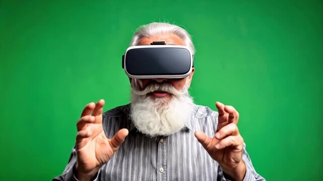 Senior Man Using Virtual Reality Headset on Green Background