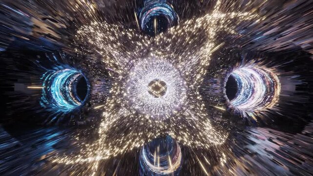 Abstract hyperspace tunnel with a vortex of sparkling lights and streaking particles. Features glowing blue and orange effects with a swirling center.