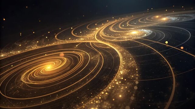 Golden Swirls Orbiting in Deep Space with Sparkling Lights