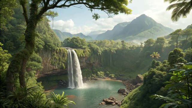 Lush Jungle Waterfall Landscape with Mountains and Tropical Trees, Stock Footage