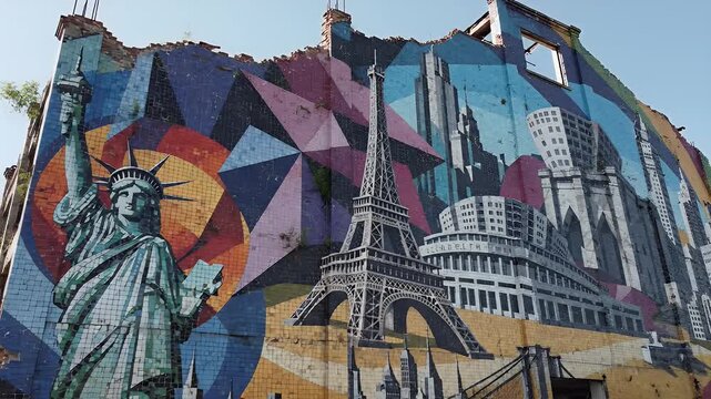 A fragmented urban artwork, blending iconic monuments and geometric patterns on a decaying building facade