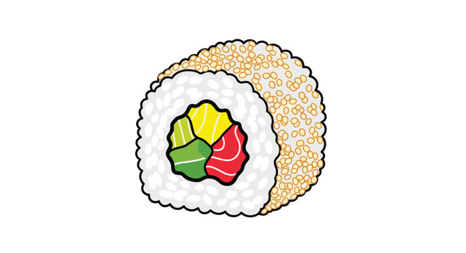 A detailed illustration of a single piece of an inside-out uramaki sushi roll covered in sesame seeds and filled with fresh fish.