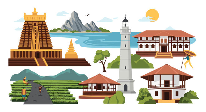 A vibrant collection of illustrations depicting famous landmarks and cultural scenes from the beautiful island nation of Sri Lanka.