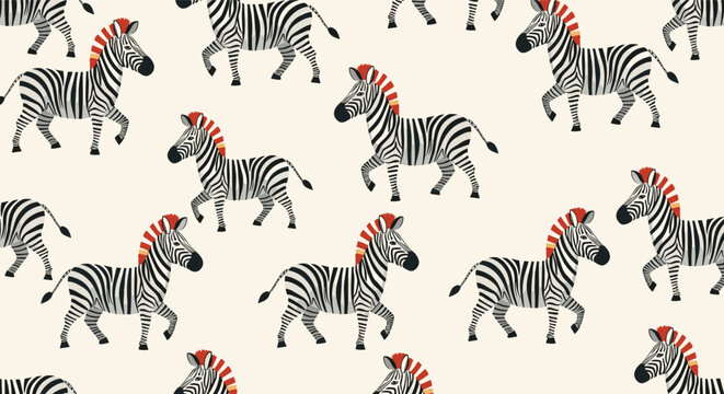 A stylish and seamless pattern of walking zebras with colorful red mohawk-style manes on a light neutral background for textiles.