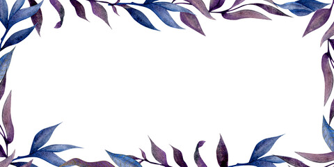 Fototapeta premium Elegant watercolor frame with purple and blue leaves creating a border on a white background suitable for invitations or decorative purposes
