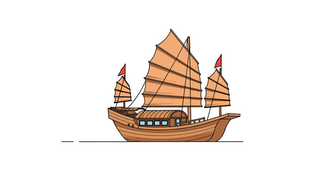 A traditional wooden Chinese junk ship with characteristic battened sails and red flags is illustrated sailing on the water.