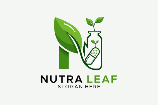 Nutra Leaf - Letter N Supplement Bottle and Capsule Logo for Nutraceutical, Herbal, and Vitamin Branding