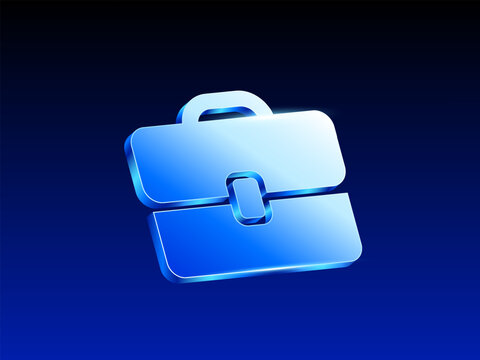 3d glossy blue briefcase icon on dark background, representing business, work, portfolio, and professional service. 3d vector icon. Vector illustration