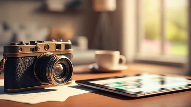 A vintage camera on a wooden desk with a tablet and coffee cup in a blurred living room background, used for creative or professional purposes