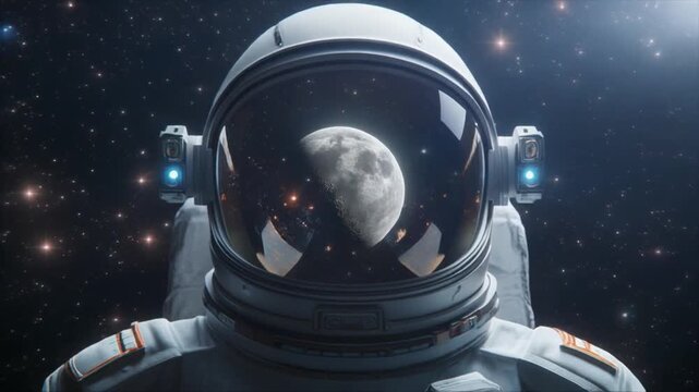 Astronaut wearing helmet with moon reflection in space