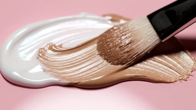 A creamy liquid foundation is being smoothly spread with a l spatula on a soft
