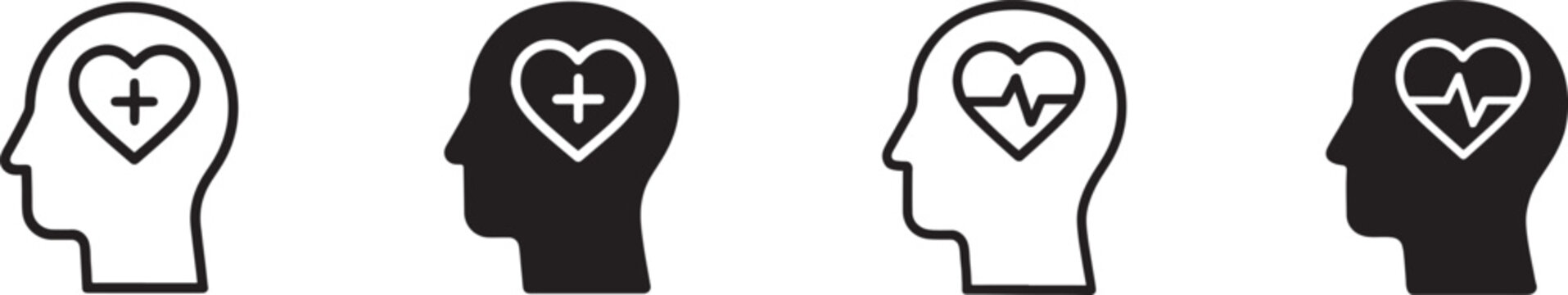 Human head profiles with heart icons symbolizing health and wellness concepts.