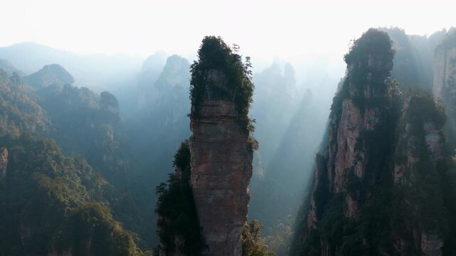 Misty Landscape Of Zhangjiajie National Forest Park In Wulingyuan, Hunan, China. - aerial shot
