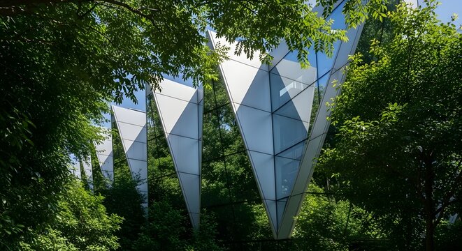 Modern architectural structures surrounded by lush greenery in a serene environment.