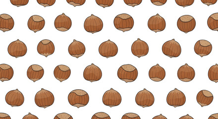 Charming hand-drawn hazelnut pattern creating a delightful and organic background, ideal for culinary designs, autumn themes, and healthy snack packaging
