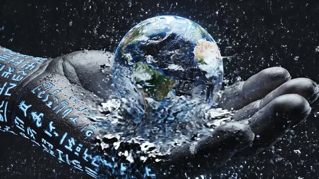 A hand, encased in what appears to be a glove, catches exploding water. Text decorates the glove