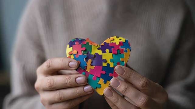 Person holding heart made of puzzle pieces, mental health support concept, autism awareness and emotional wellbeing symbol on clean background
