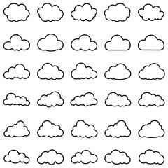 Obraz premium Simple cloud outlines in various shapes. Minimalist cloud icons for weather themes. Cloud outlines. Weather illustration, vector set. eps 10