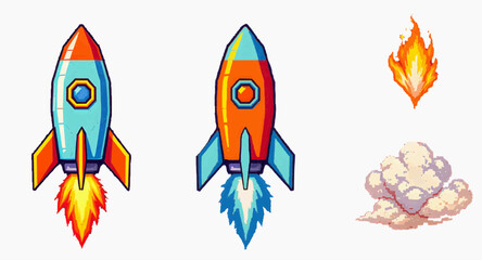 Fototapeta premium Pixel Art Rocket with Fire and Smoke – Retro 8-Bit Game Vector