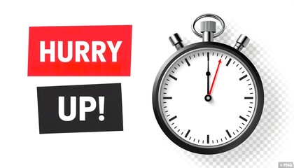 A stopwatch with hurry up text on a white background