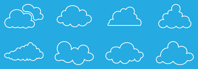 Obraz premium Simple cloud outlines in various shapes. Minimalist cloud icons for weather themes. Cloud outlines. Weather illustration, vector set. eps 10
