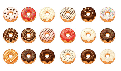 Fototapeta premium A colorful vector illustration of assorted donuts with various toppings and glazes
