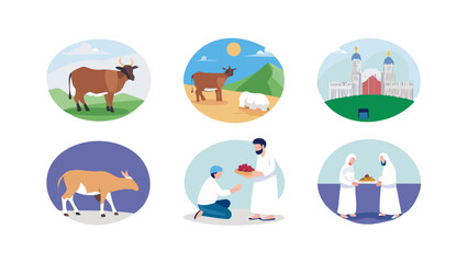 Fototapeta premium Eid Al-Adha Islamic Sacrifice Icon Set with Cow Goat and Mosque Illustration