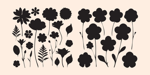 Seamless leopard animal print pattern on white background featuring black vector silhouettes of flowers, leaves, and butterflies for a nature-inspired floral design collection © Rakibul